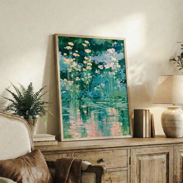 Soft watercolor floral artwork showing a peaceful water garden scene with lilies and blossoms in sage green, teal, and pale pink hues, framed and displayed as wall art.