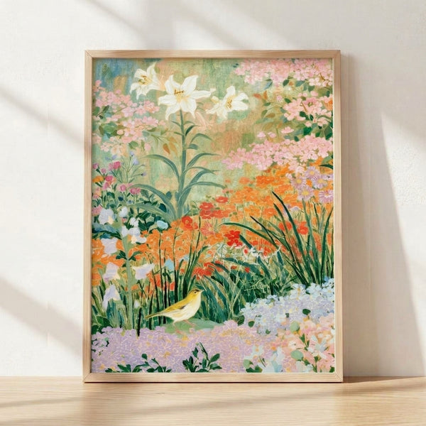 Impressionist framed art print of a songbird perched among wildflowers in soft pinks, oranges, and sage greens, evoking a serene pastoral garden.