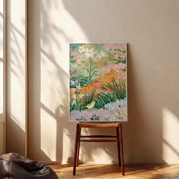 Boho-style botanical wall art featuring a delicate bird surrounded by daisies and lilies in warm, muted tones of cream, blush, and pale green.