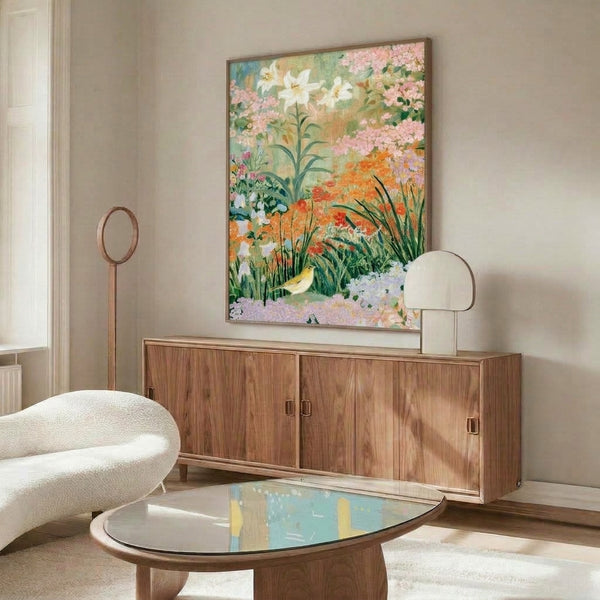 Whimsical nature poster displaying a songbird nestled in a wildflower meadow with impressionistic brushwork in soft pink, orange, and sage hues.
