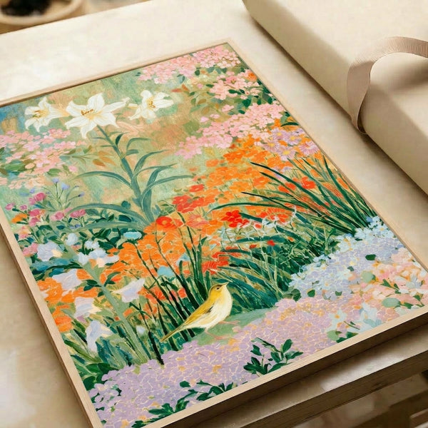 Framed pastoral painting of a bird amid blooming garden flowers in calming cream, soft pink, and green tones with an ethereal, boho aesthetic.