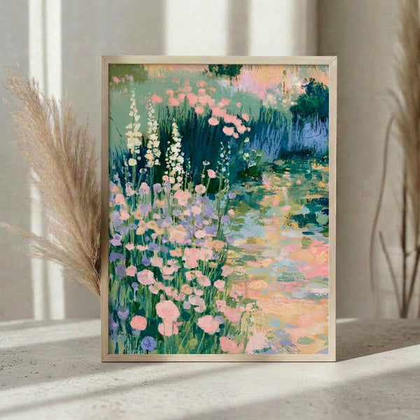 Impressionist watercolor artwork depicting a tranquil cottage garden with flowering plants in soft pastels—blush pink, lavender, and sage—framed as a botanical art print for serene home decor.