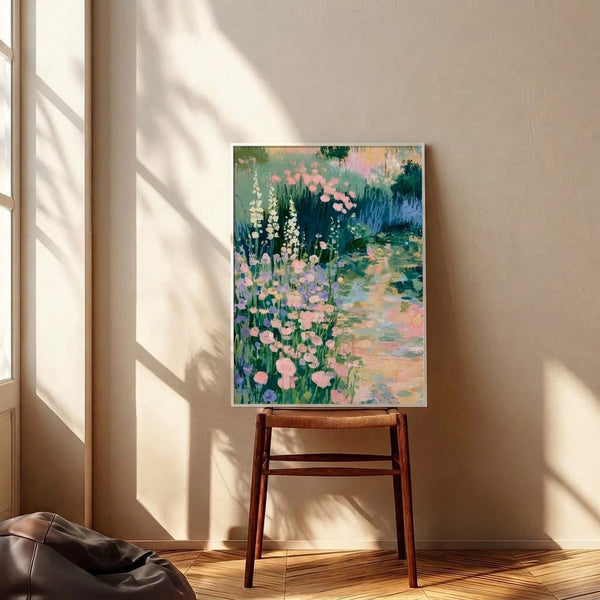 Contemplative watercolor garden scene with delicate irises, lilies, and water features rendered in dreamy sky blues, pale yellows, and muted floral hues in an impressionist style.