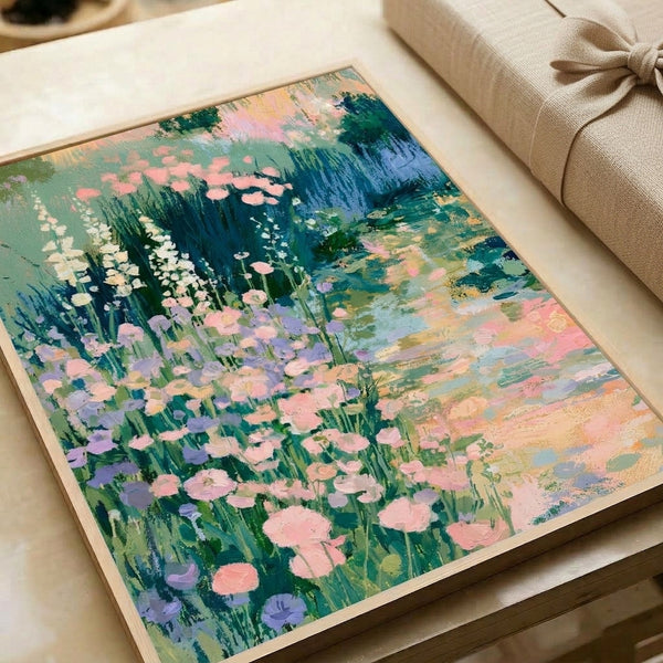 Romantic impressionist watercolor print of a peaceful garden path with flowering plants in soft pink, lavender, and sage green, ideal botanical wall art for creating a serene atmosphere.