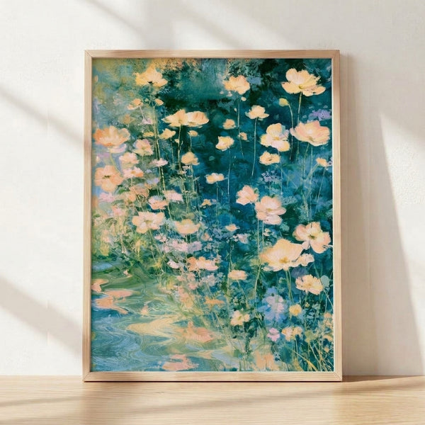 Impressionist watercolor framed poster depicting cream wildflowers blooming along a tranquil stream with lily pads, rendered in soft teal, pale pink, and sage green tones creating a serene, dreamy garden scene.