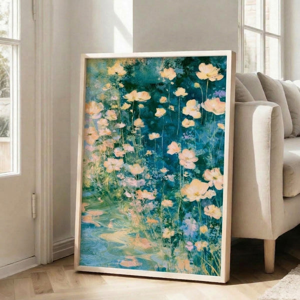 Serene watercolor art print showing delicate cream flowers and water lilies in an impressionist style, featuring a soft palette of teals, yellows, and muted greens for a peaceful botanical display.