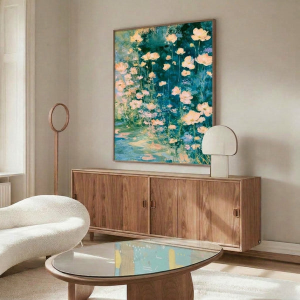 Dreamy framed watercolor painting of cream wildflowers and lily pads by a gentle stream, rendered in impressionist brushstrokes with soft teal, pink, and sage green hues evoking a tranquil natural sanctuary.