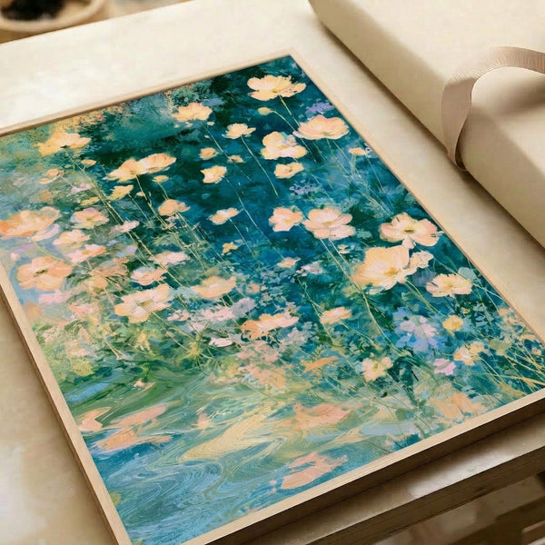 Soft impressionist watercolor poster art featuring cream-colored blooms and aquatic florals in shades of teal, pale yellow, and sage, capturing the peaceful essence of a misty garden stream.