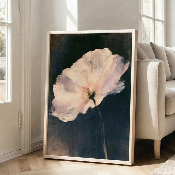 Gentle impressionist poppy flower print featuring delicate pink blooms, sage green stems, and shadowy charcoal accents in watercolor technique.