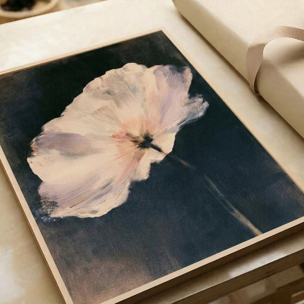 Impressionist-style poppy flower art in muted tones of pink, cream, and sage green with dramatic charcoal shadows, matted and framed for wall display.