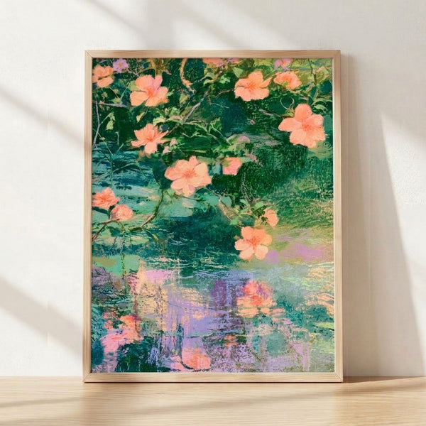 Serene watercolor painting of coral pink blossoms reflected in a still pond surrounded by deep green foliage, framed impressionist art print in soft blues and lavender tones.