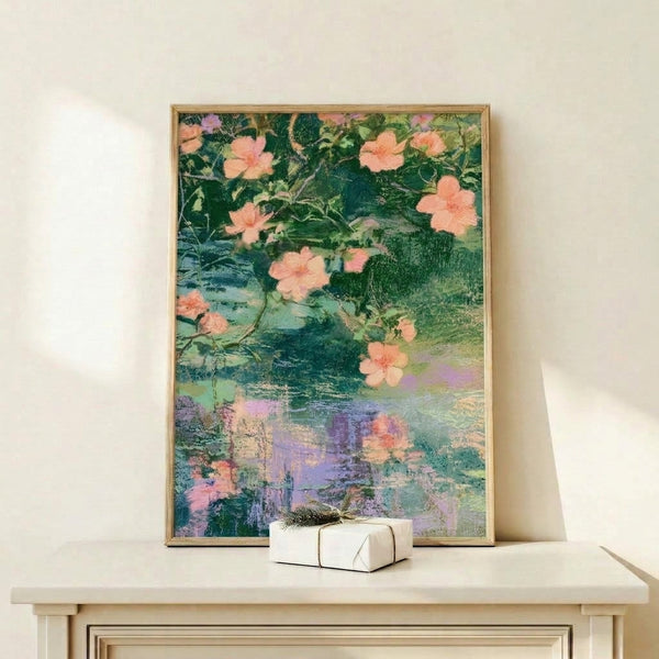 Dreamy impressionist garden scene featuring delicate coral flowers blooming above tranquil water with pale yellow and lavender accents, botanical wall art in watercolor style.
