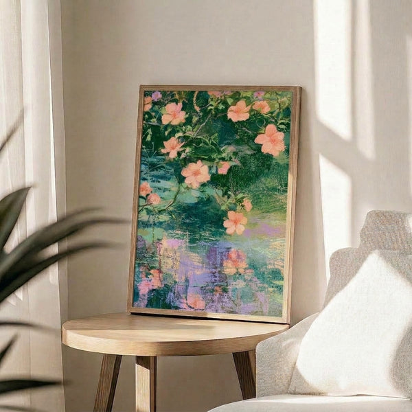 Contemplative watercolor artwork depicting coral pink lotus blossoms mirrored in a calm pond amid lush green vegetation, soft impressionist poster with serene color palette.