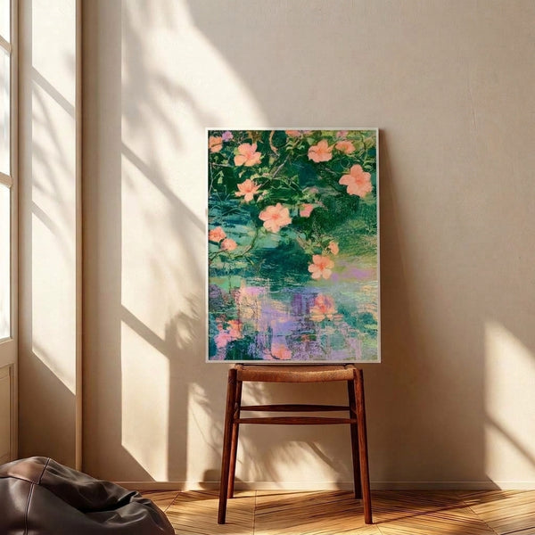 Soft impressionist watercolor print showcasing coral blossoms and their reflections in a peaceful water garden, rendered in dreamy blues, greens, and lavender hues.