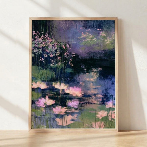Serene watercolor painting in Impressionist style depicting a tranquil pond with floating water lilies and soft pink blossoms among pale green pads and reeds, rendered in dreamy blues, lavenders, and cream tones.