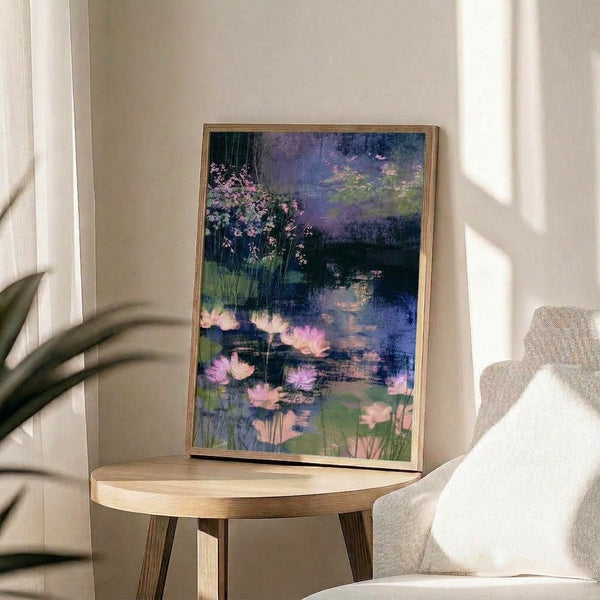 Impressionist-inspired watercolor art print showing a meditative garden pond scene with delicate lotus flowers and lily pads in soft pastels of blue, pink, green, and lavender framed on a wall.