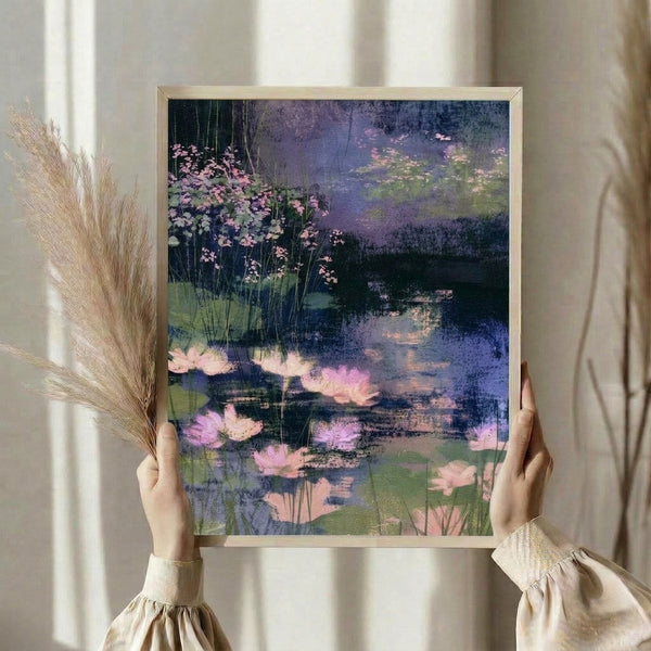 Dreamy watercolor landscape featuring a peaceful pond garden with blooming water lilies in soft pink and lavender hues surrounded by pale green foliage and deep blue reflective water.