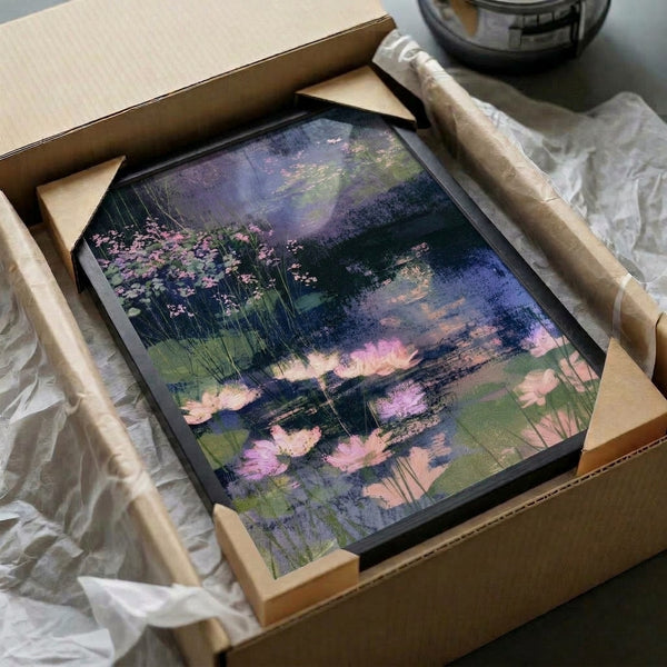 Tranquil watercolor poster depicting an Impressionist pond scene with floating lily pads, gentle pink flowers, and reeds in a soothing palette of blues, greens, lavenders, and cream tones.
