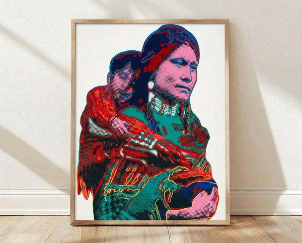 Pop art poster featuring a Native American mother and child in vibrant, contrasting colors characteristic of Warhol's iconic style, framed on a wall.