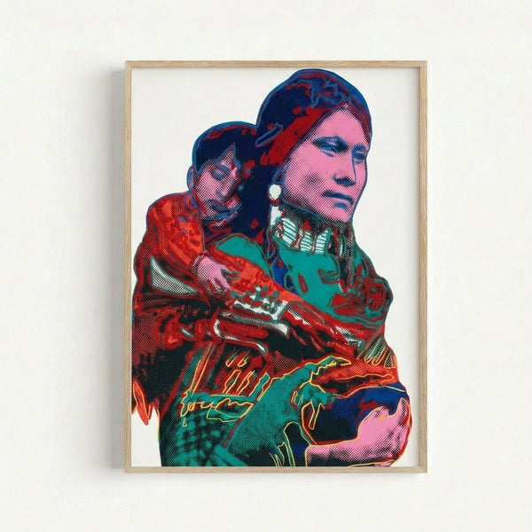 Framed art print from the Cowboys and Indians series depicting an Indian mother and child in bold, saturated hues with repeated color variations.