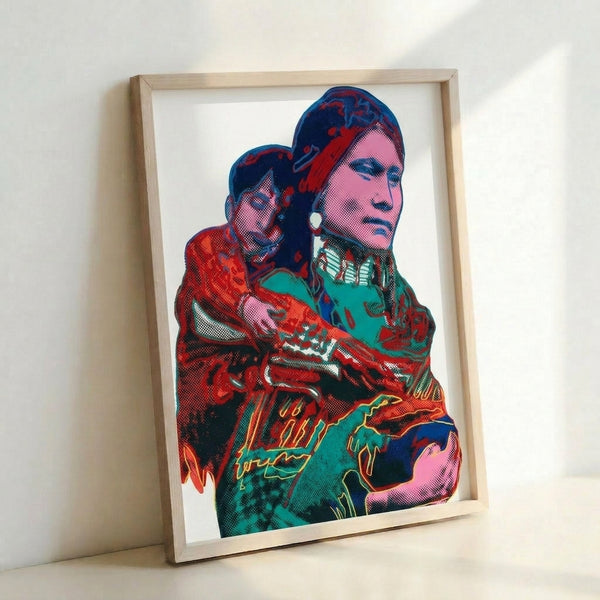 Vintage-style pop art poster showing a tender portrait of a Native American mother and child rendered in Warhol's signature bright, layered color palette.