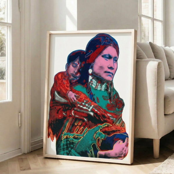 Colorful framed poster of an Indian mother and child with a modern pop art aesthetic, featuring the bold graphic treatment and vivid tones of the famous series.