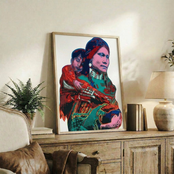 Pop art wall print portraying an indigenous mother and child in striking, multi-colored tones that reflect Warhol's dynamic printmaking technique.
