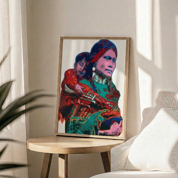 Retro-inspired framed poster of a Native American mother and child rendered in vibrant pop art style with Warhol's characteristic color blocking and repeating imagery.