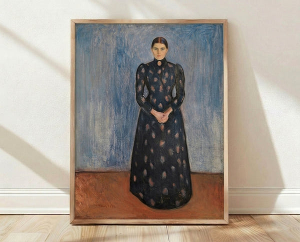 Expressionist portrait painting in black and violet tones depicting a figure in contemplative pose, displayed as a framed art print on a wall.