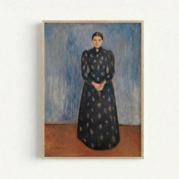 Muted black and violet portrait artwork featuring a solitary figure with an introspective, enigmatic quality characteristic of early modern expressionism.