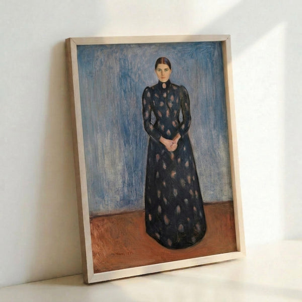 Framed poster print of an abstracted human figure rendered in dark blacks and rich violet hues, evoking a melancholic, psychological mood.