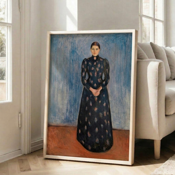 Wall-mounted art print of a figure study in subdued black and violet palette, conveying psychological depth through restrained color and form.