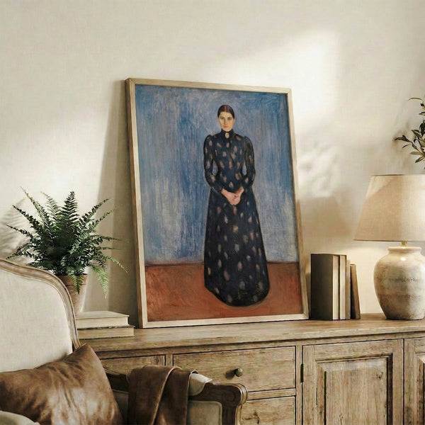 Expressionist artwork depicting a solitary figure in black and violet, framed as a gallery-quality poster with an introspective, haunting atmosphere.