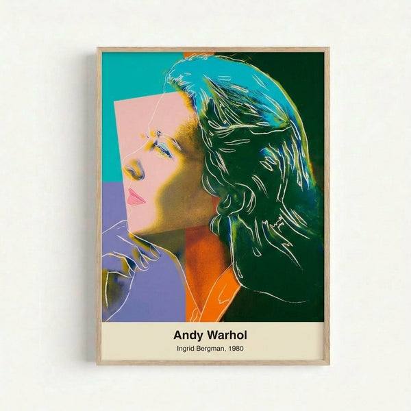 Iconic Andy Warhol-style portrait print featuring Ingrid Bergman in bold neon colors against contrasting background, modern wall art.