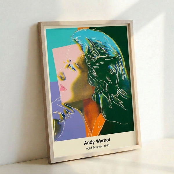 Vibrant pop art representation of actress Ingrid Bergman in electric magenta and cyan with graphic black outlines, framed gallery-style.