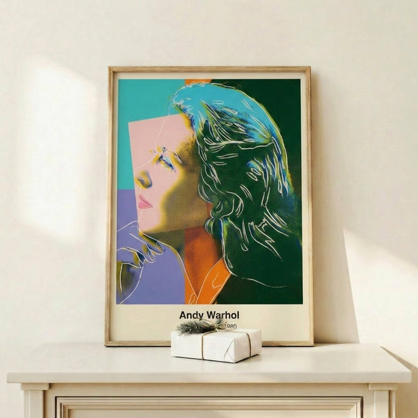 Glamorous Ingrid Bergman portrait in contemporary pop art style with bright yellow, magenta, and cyan color blocking, wall-mounted print.