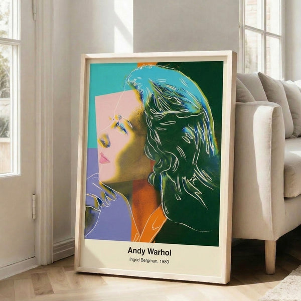 Bold modern portrait of Hollywood icon Ingrid Bergman rendered in striking neon pink, turquoise, and yellow pop art aesthetic.