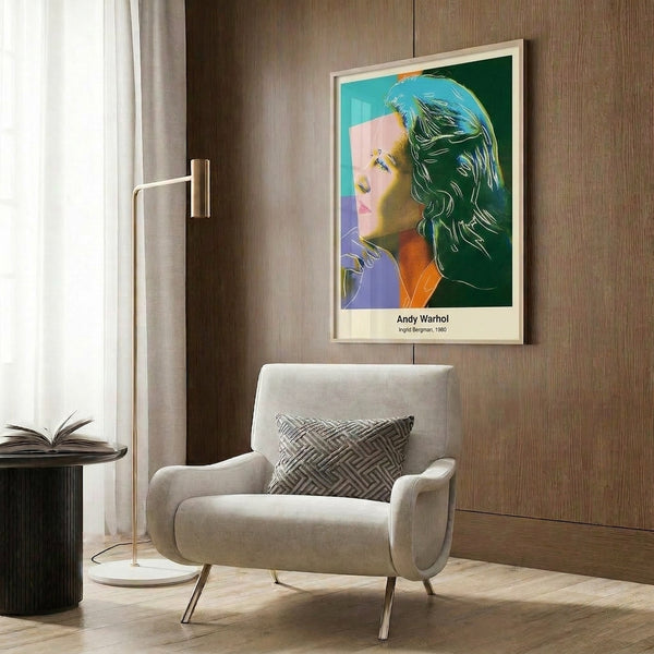 Contemporary pop art print depicting Ingrid Bergman in luminous magenta, yellow, and cyan hues with high-contrast black lines, wall art.