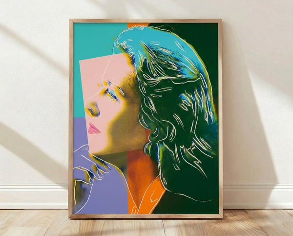 Pop art portrait of Ingrid Bergman in vibrant contrasting colors, rendered in Andy Warhol's signature silkscreen style with bold graphic shapes and high-contrast layers.