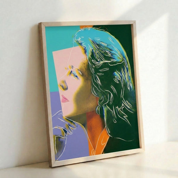 Modern pop art poster of Ingrid Bergman with vivid color variations and graphic boldness, displayed as a framed wall print in contemporary style.
