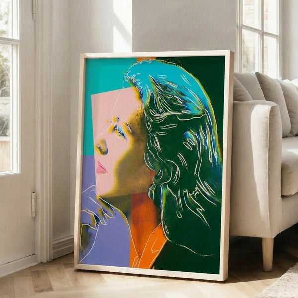 High-contrast pop art interpretation of Hollywood actress Ingrid Bergman using electric colors and Warhol's iconic silkscreen aesthetic.