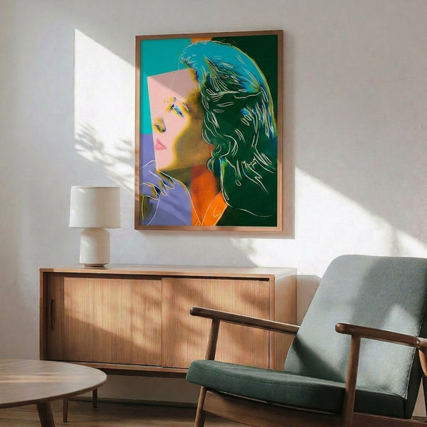 Colorful pop art print depicting Ingrid Bergman in bold hues and layered silkscreen technique, a modern take on vintage Hollywood portraiture.