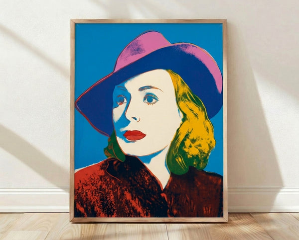 Pop art portrait of Ingrid Bergman wearing a hat, rendered in vibrant contrasting colors in the style of Andy Warhol.