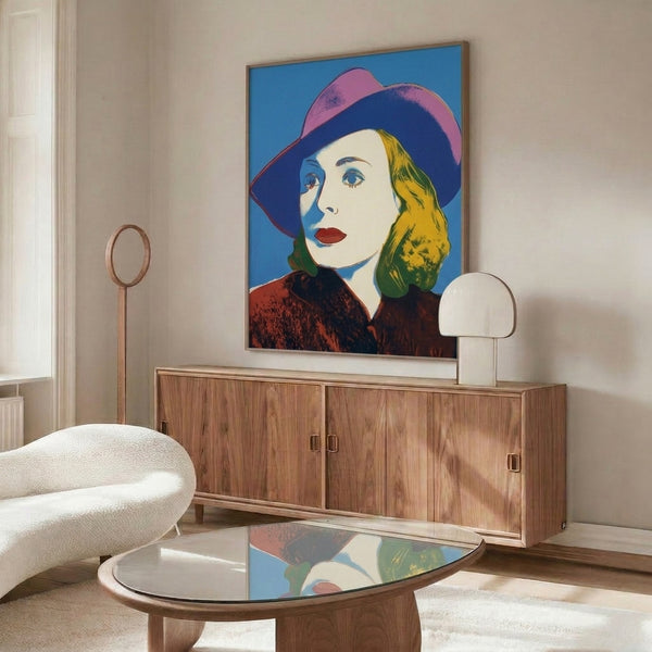 Contemporary pop art framed poster of Ingrid Bergman with hat, executed in eye-catching colors characteristic of 1960s pop art movement.
