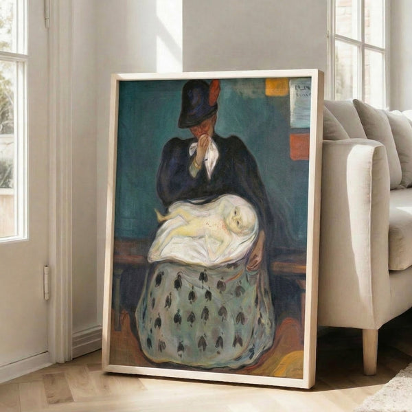 Dark psychological portrait print titled Inheritance rendered in expressionist watercolor technique, featuring a mysterious figure in atmospheric blues, blacks, and ochre tones.