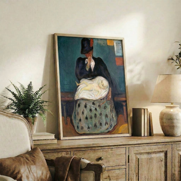 Framed Inheritance art print presenting a faceless figure in moody expressionist style, with a complex palette of dark blues, blacks, and warm undertones creating a contemplative atmosphere.