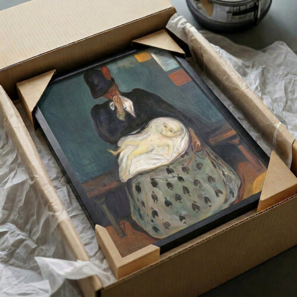 Contemplative framed print of Inheritance, an expressionist portrait rendered in atmospheric watercolor with faceless qualities and a brooding palette of deep blues and earth tones.