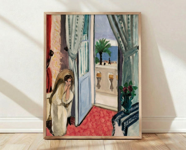 Matisse-inspired framed poster featuring a serene Mediterranean interior with ochre and blue tones, depicting a sunlit room with palm trees, doors, and furniture in impressionist modern style.
