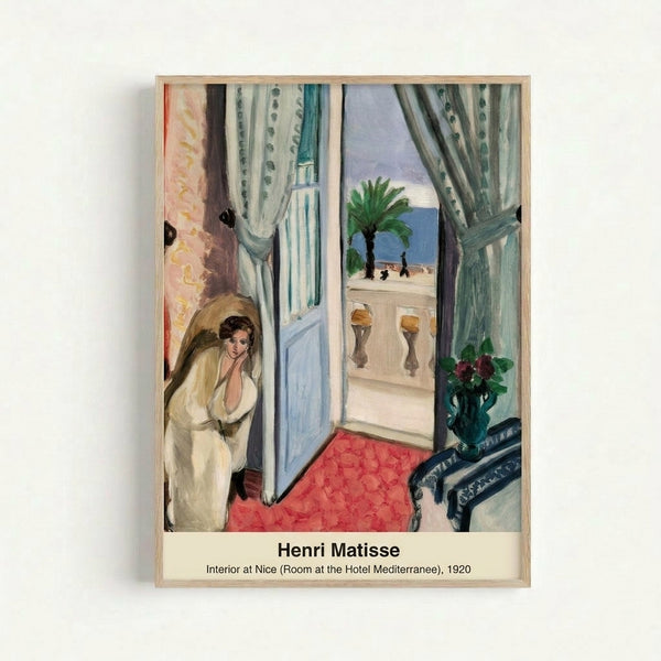 Warm-toned framed art print showing a contemplative interior scene with terracotta, green, and soft white hues, inspired by Nice's leisurely Mediterranean aesthetic and modern impressionist design.