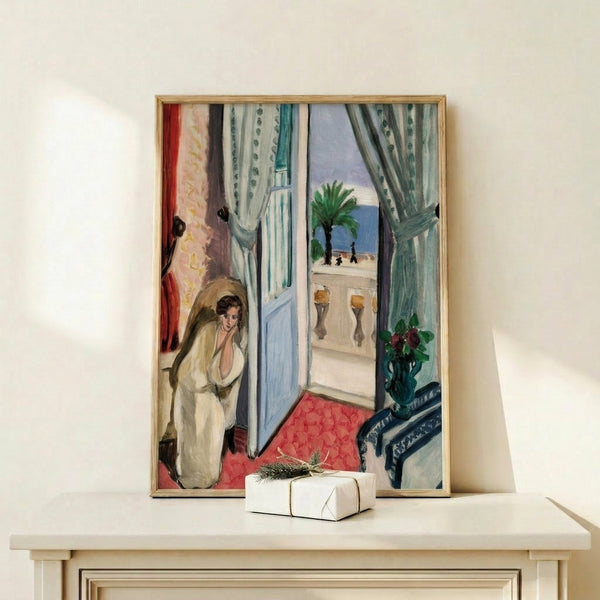 Modern impressionist framed print depicting a contemplative interior with palm trees, open doors, and warm Mediterranean color palette of ochre, terracotta, and blue.